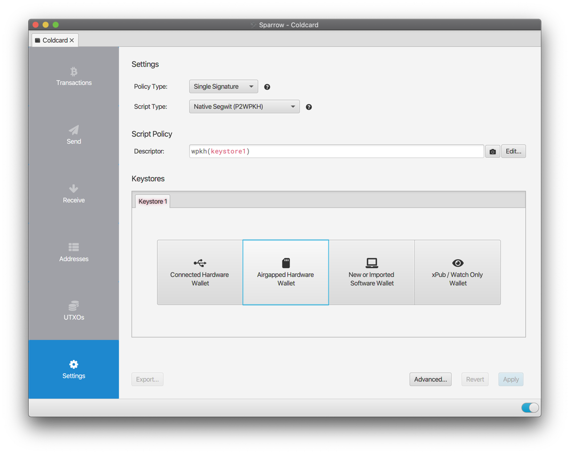 Coldcard Airgapped Settings